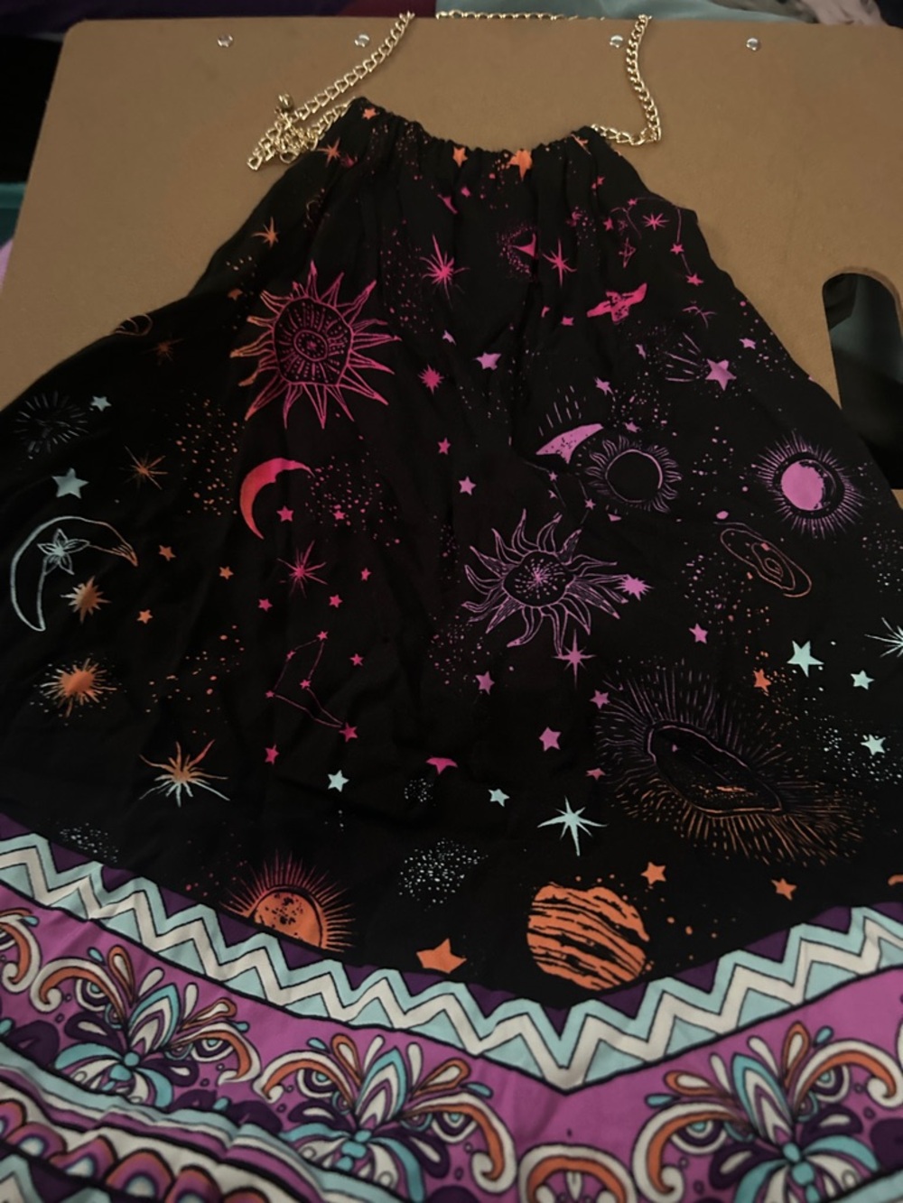Black Cosmic Print halter top with Pink & Orange Accents